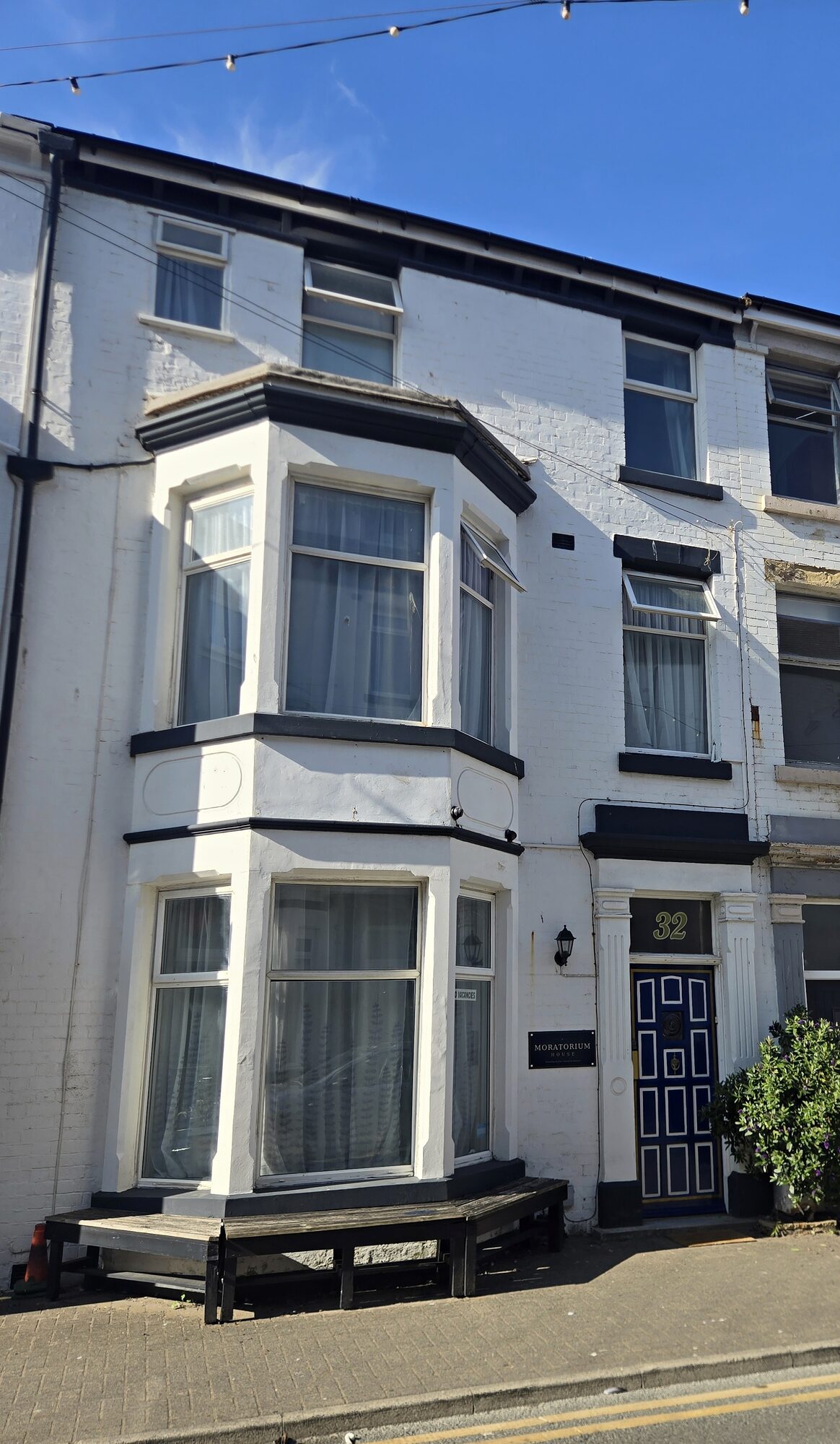 The front of Moratorium House, a white Victorian townhouse on York Street, Blackpool