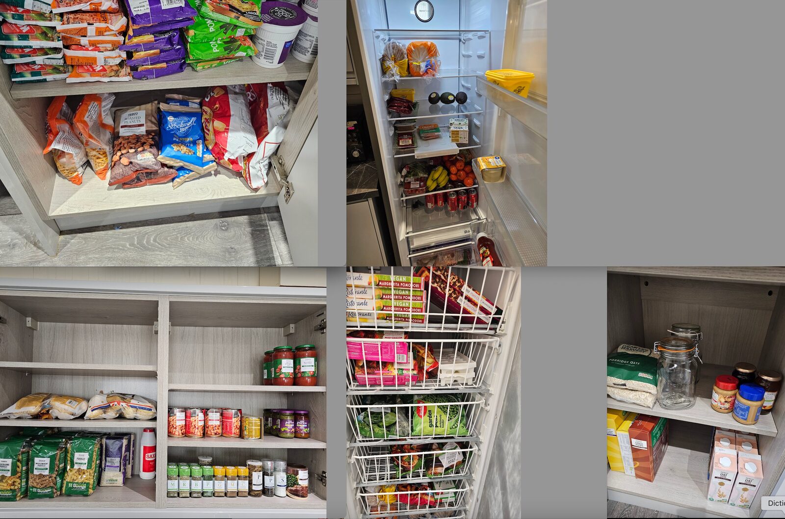 Well-stocked cupboards, fridge and shelves of food